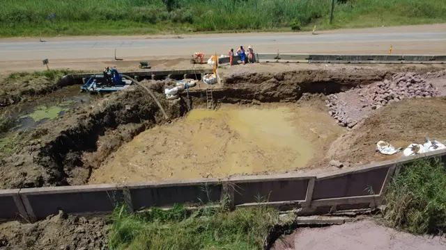Drone view: bridge excavation alongside the road