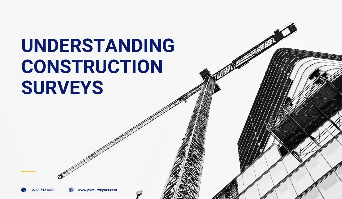 Illustration of construction surveys showing surveyors measuring and mapping a construction site with precision equipment